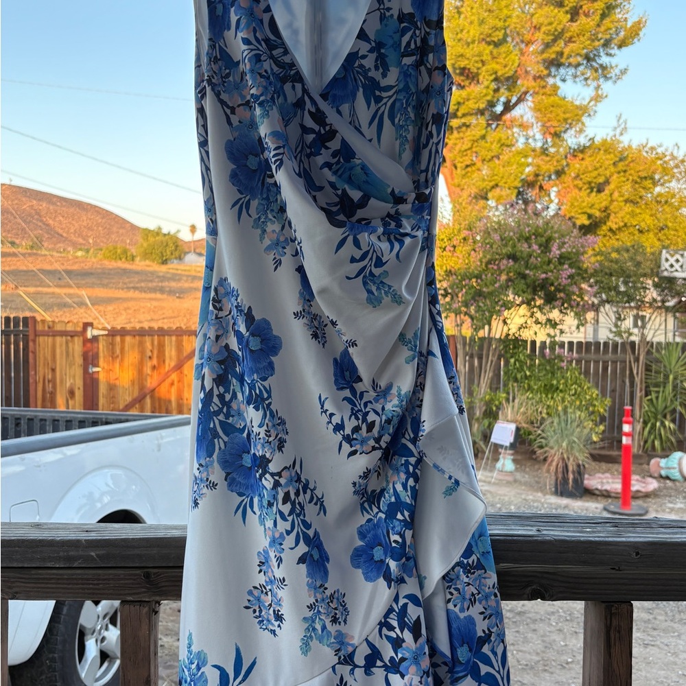 Eliza J Blue and White Floral Asymmetrical Dress